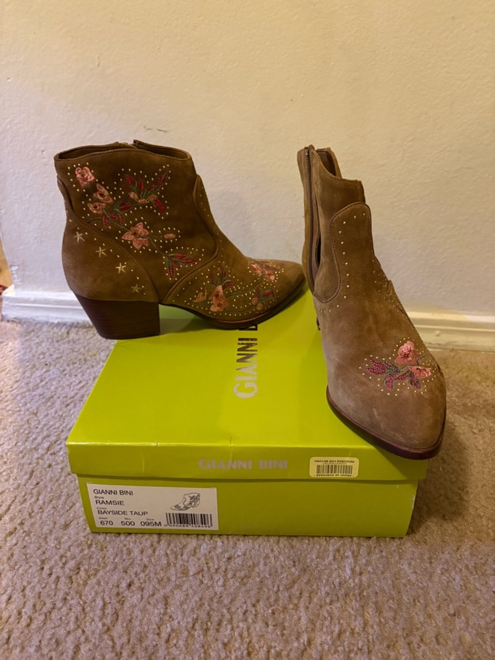 Gianni Bini Taupe Suede Embroidered Floral Ankle Booties - Picture 2 of 4